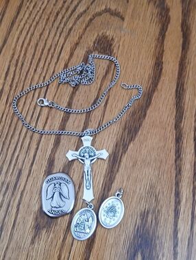 Silver-Tone Guardian Angel & Crucifix Pendant Necklace